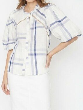 Caballero Celeste Linen Top Blouse Peasant Blue White Plaid Size XS